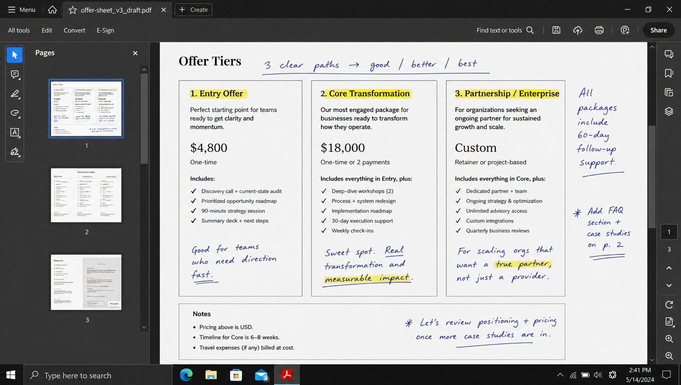 Offer sheet showing three pricing tiers